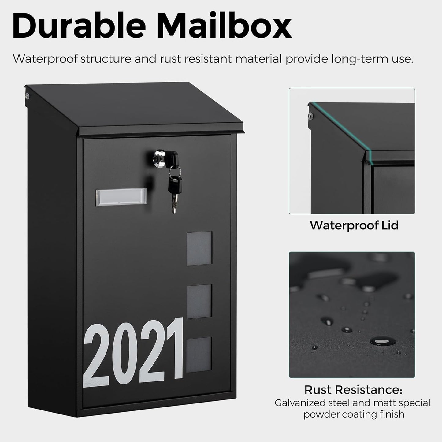 LAND·VOI Wall Mounted Mailbox with 4 Keys, Post Box for Wall and Fence, Viewing Windows, Nameplate, 3.94 x 9.8 x 15.6 Inches, Large Capacity, Includes Mailbox Numbers, Matt Black, AMB31B