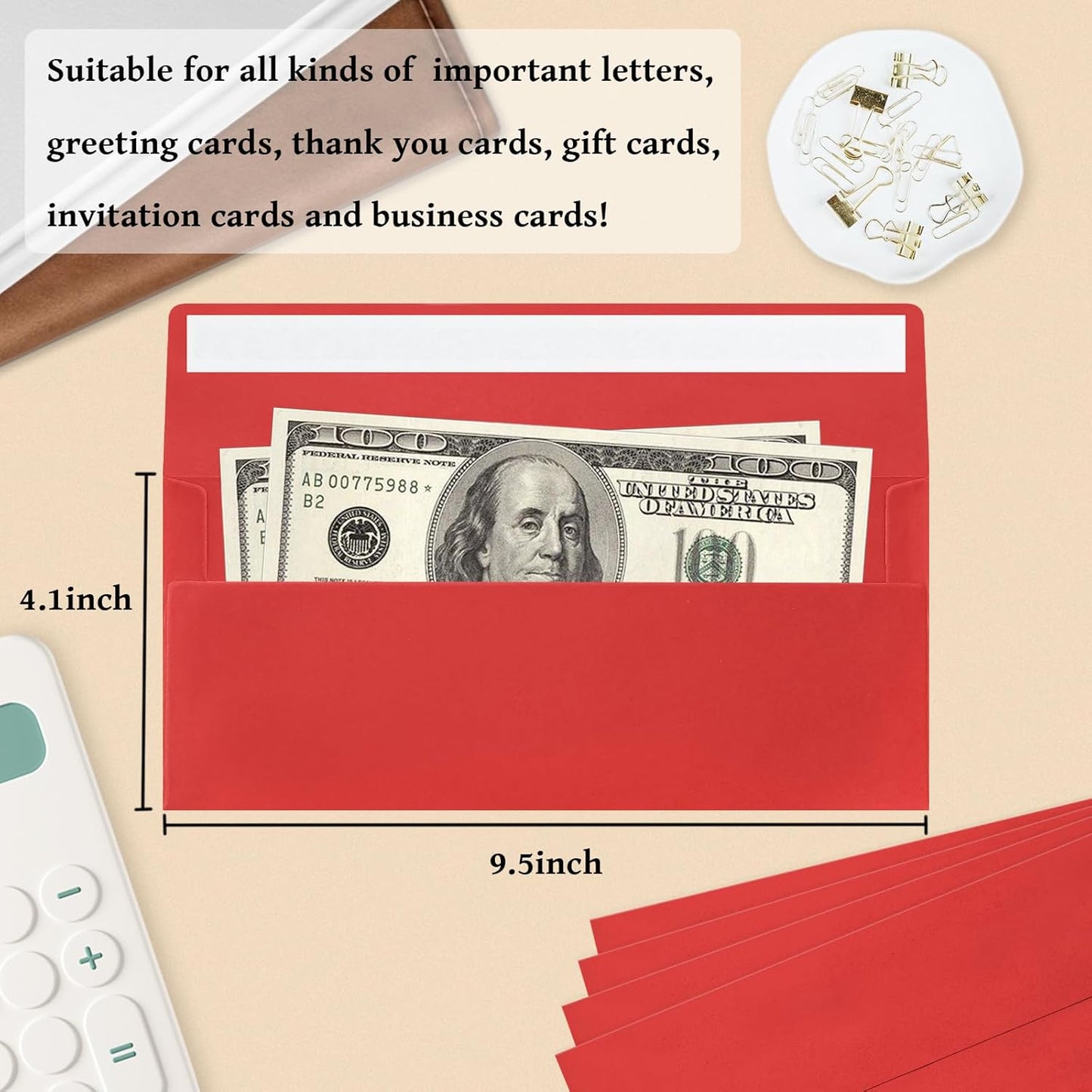 50 Pack #10 Business Envelopes, Red Standard Envelopes Self Seal, Letter Size Mailing Envelopes for Checks Letters Invoices Statements Christmas Birthday Graduation Wedding, 4 1/8 x 9 1/2 Inch