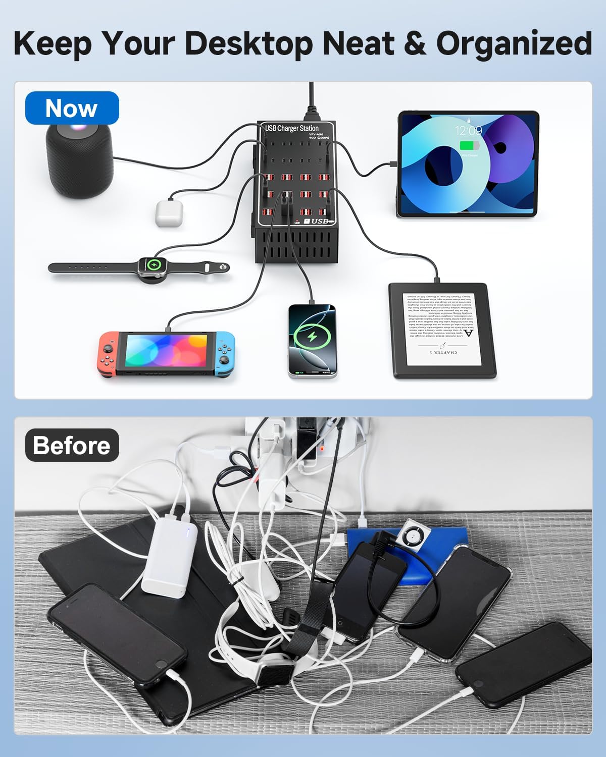 200W USB~c Charging Station, 40 Port (24 USB A & 16 USB~C Port) USB~C Charger Block, Fast Charging Station for Multiple Devices, Desktop USB Charger Compatible for iPhone, iPad, Tablets