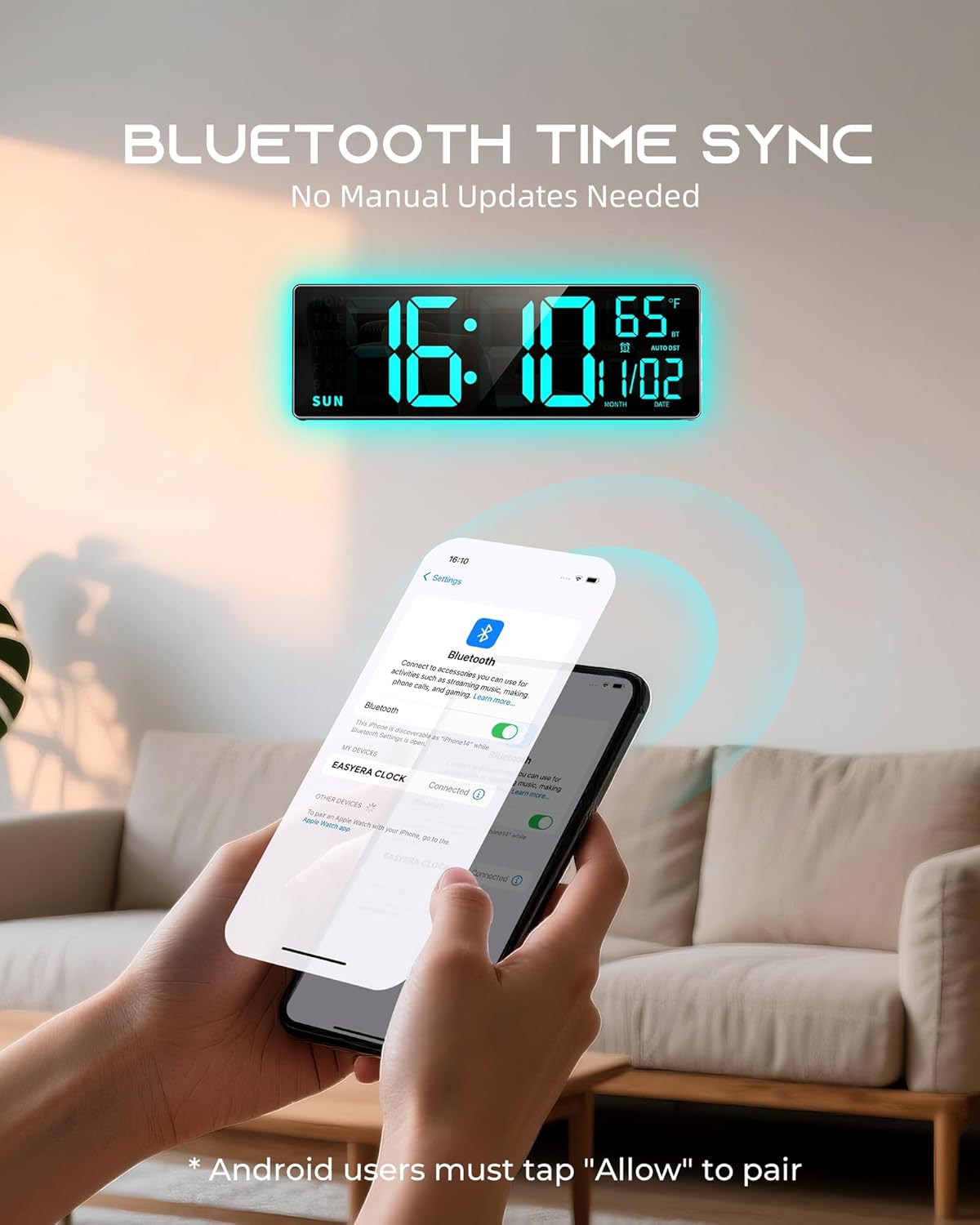 16.5" Large Digital Wall Clock with BT Sync, RGB Lights with 11 Scenes Mode Remote Control, Dual Alarms with Big LED Display, Auto DST, Temperature for Classroom Gaming