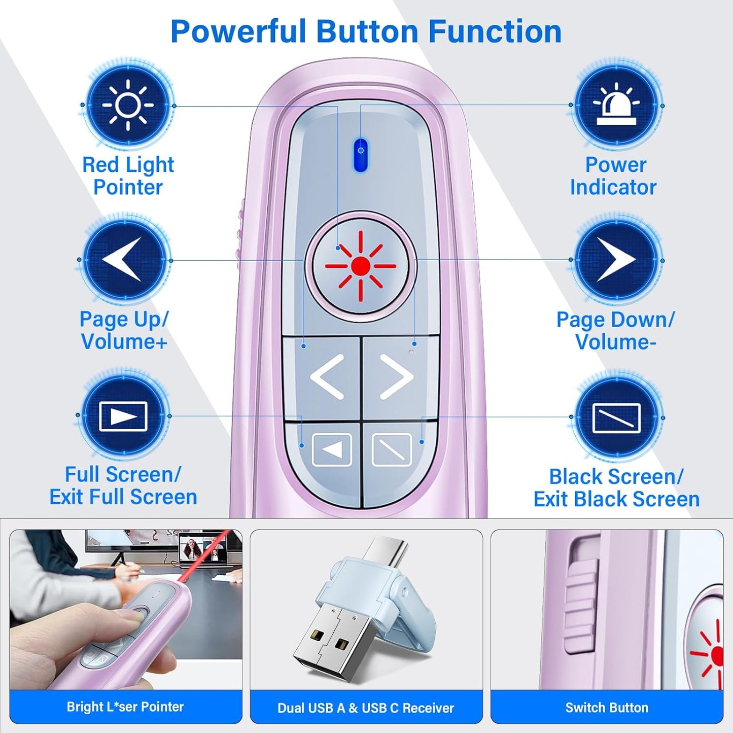 2-in-1 USB Type C Presentation Clicker, Wireless Presentation Clicker PowerPoint Presenter Remote with Volume Control, Powerpoint Clicker with Slide Advancer for Computer/Laptop/Mac,Pink