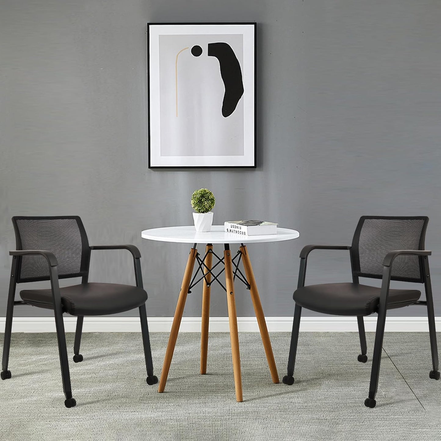 CLATINA Stacking Office Chair with Wheels, Mesh Back Waiting Room Guest Chairs with Arms Comfortable Leather Cushion Stackable Desk Chair for Conference Reception School Side Stationary, Black, 2PK