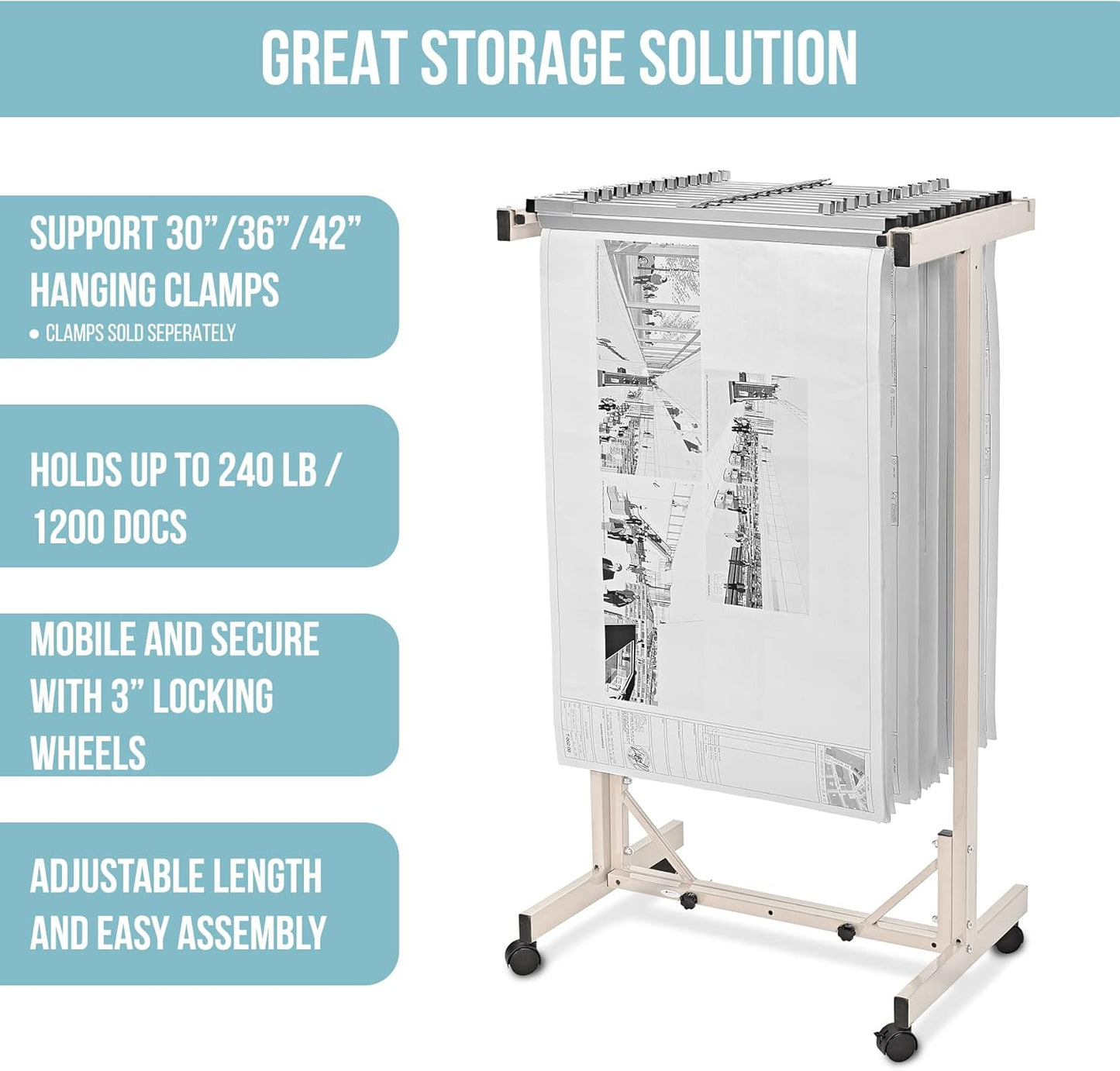 Adir Mobile Blueprint Storage Rack - Adjustable Mobile Blueprint Holder, Vertical Architect Drawing Rack with Wheels, Poster Display, Construction Plans Holder (Without Blueprint Clamps)