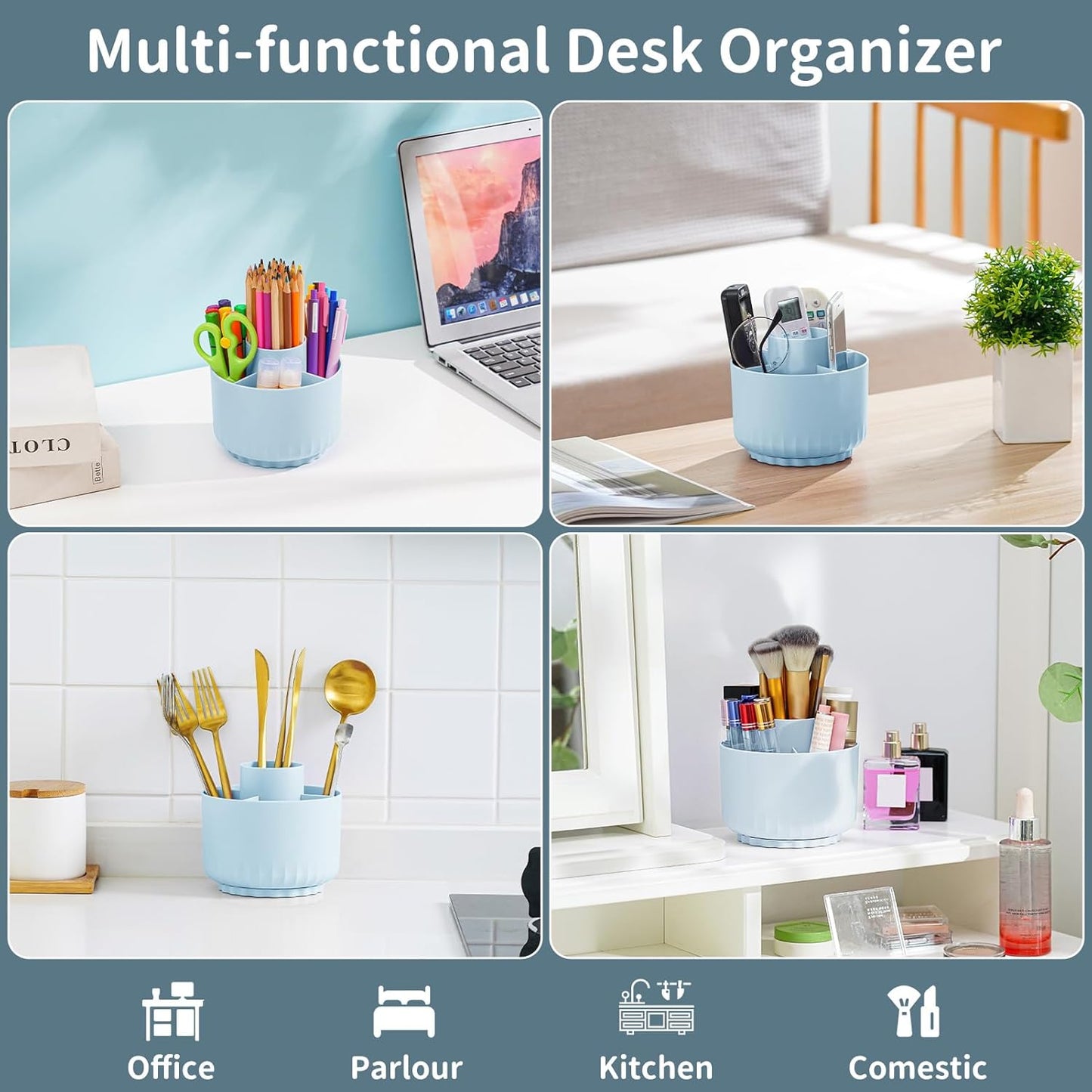 Marbrasse Desk Organizer, 360-Degree Rotating Pen Pencil Holder, Desk Organizers and Accessories with 5 Compartments Pencil Organizer, Art Supply Storage Box Caddy for Office, Home(Blue)