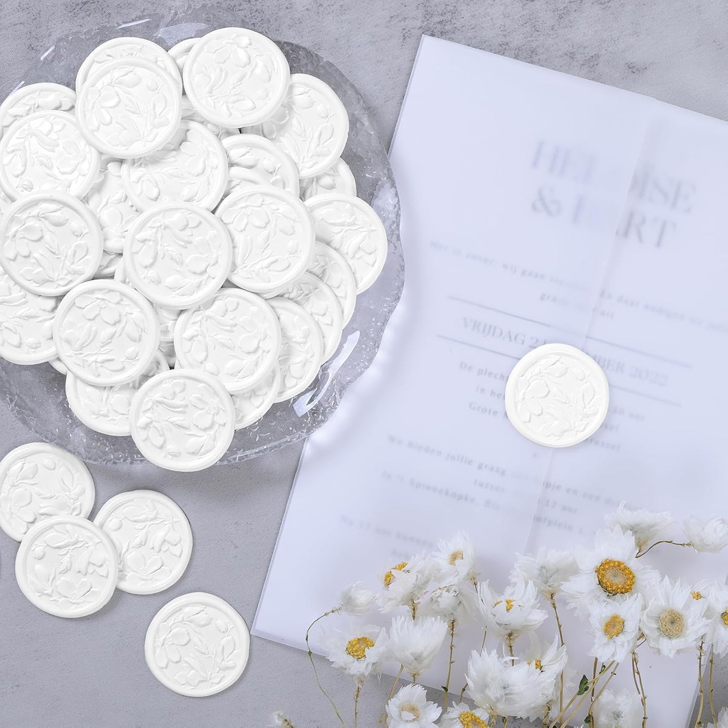 UNIQOOO Wax Seal Stickers - 3D Magnolia Wedding Invitation Envelope Botanical Seal Stickers, 50 Pcs Self- Adhesive Snow White Stickers, Perfect for Invitation, Christmas, Gift Wrapping, Party