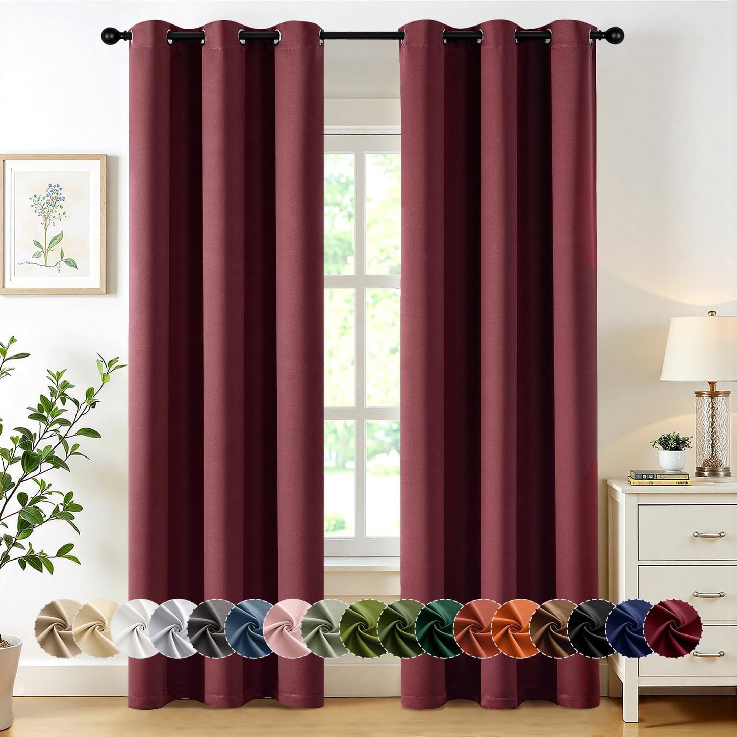 MIULEE Burgundy Red Blackout Curtains for Bedroom Living Room 72 Inches Long 2 Panels, Thermal Insulated Drapes Solid Grommet Top Noise Reduction Christmas Window Treatments W40 x L72 Inch