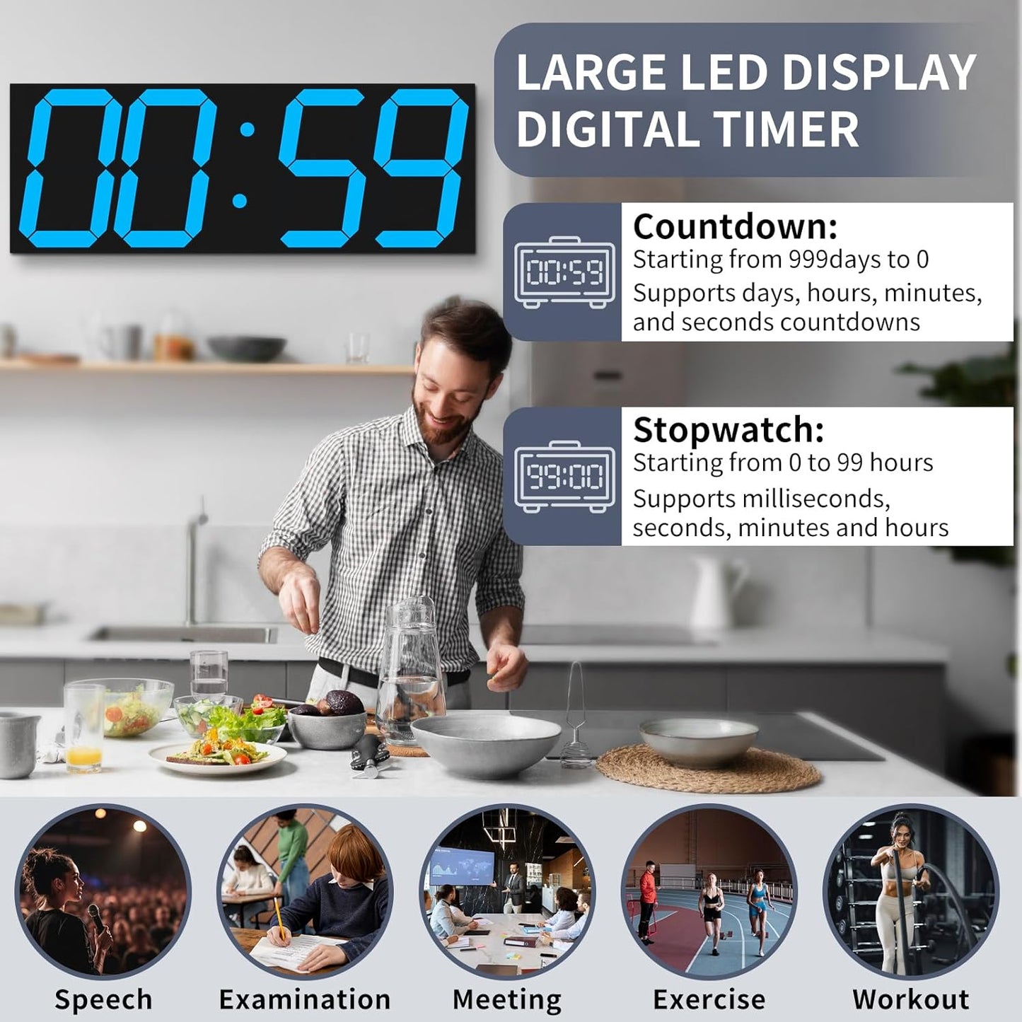 18.7in Large Digital Wall Clock,LED Digital Clock with Big Number,Multi-Function Remote Controlled Wall Clock with Timer, Alarm and Calendar Display(Blue)