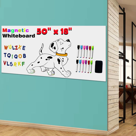 Magnetic Dry Erase Whiteboard Paper for Wall 50" x 18" Self Adhesive White Board Sticker with 12 Magnet Marker and Magnetic Eraser for Kids Office Home Whiteboard Wallpaper Peel and Stick