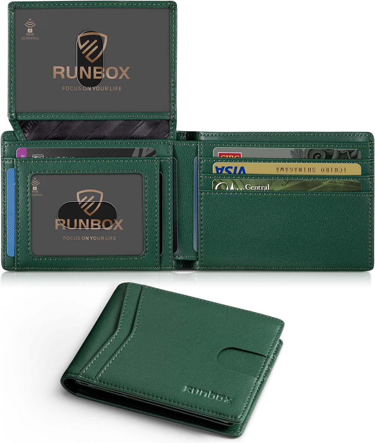RUNBOX Wallet for Men Slim Rfid Leather 2 ID Window With Gift Box