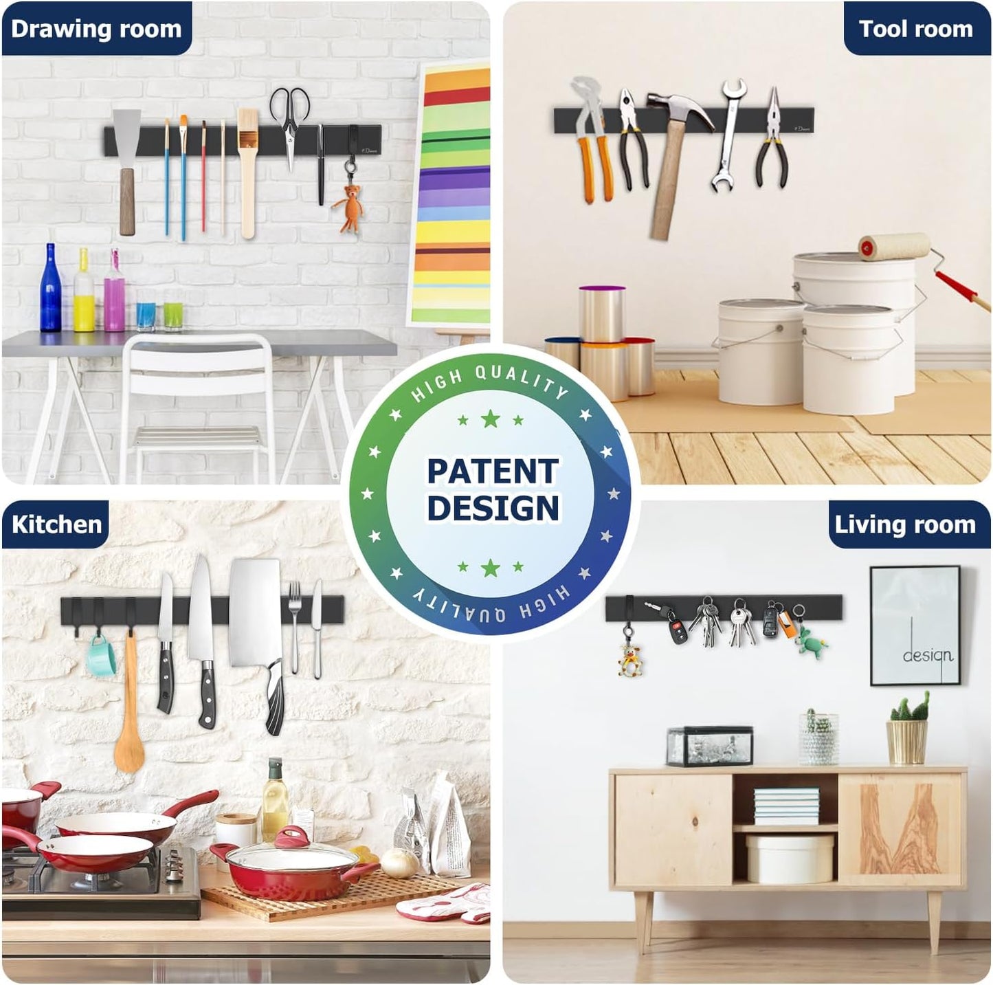 Dmore magnetic knife holder for wall—with 3 hooks, No Drilling 16 Inch black knife magnetic strip, Powerful knife magnet rack, include Adhesive Tape and screws for Knives, Utensils, and Tools