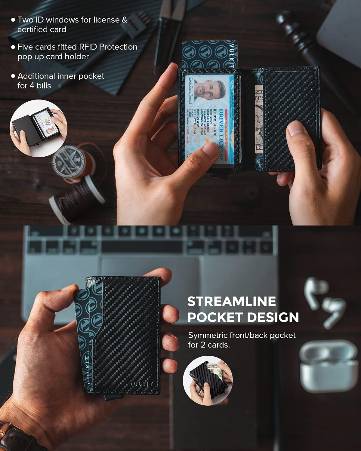 VULKIT Card Holder Wallet with Double ID Windows RFID Blocking Pop Up Wallet Minimalist Design for 12 Cards