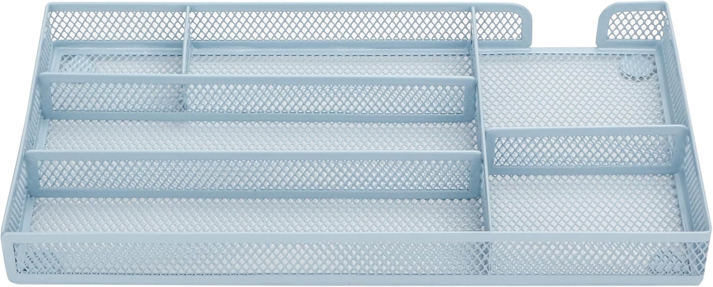 Annova Desk Drawer Organizer/Storage Tray - Metal Mesh with Dividers for Pens, Desktop Accessories, Bathroom, Kitchen, Makeup and Office Supplies (Small, Morandi Blue)