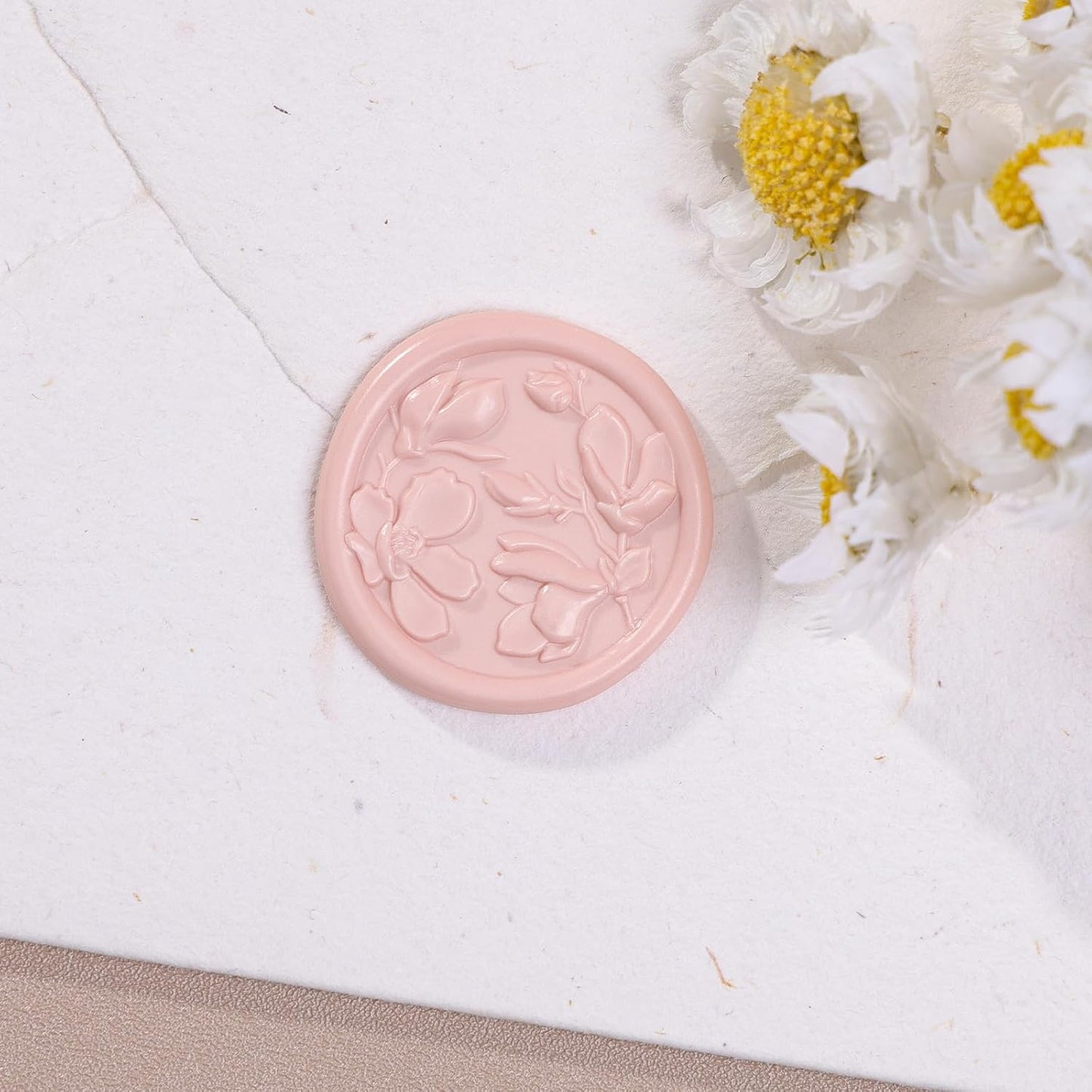 UNIQOOO Wax Seal Stickers - 3D Magnolia Wedding Invitation Envelope Botanical Seal Stickers, 50 Pcs Self- Adhesive Blush Pink Stickers, Perfect for Invitation, Christmas, Gift Wrapping, Party
