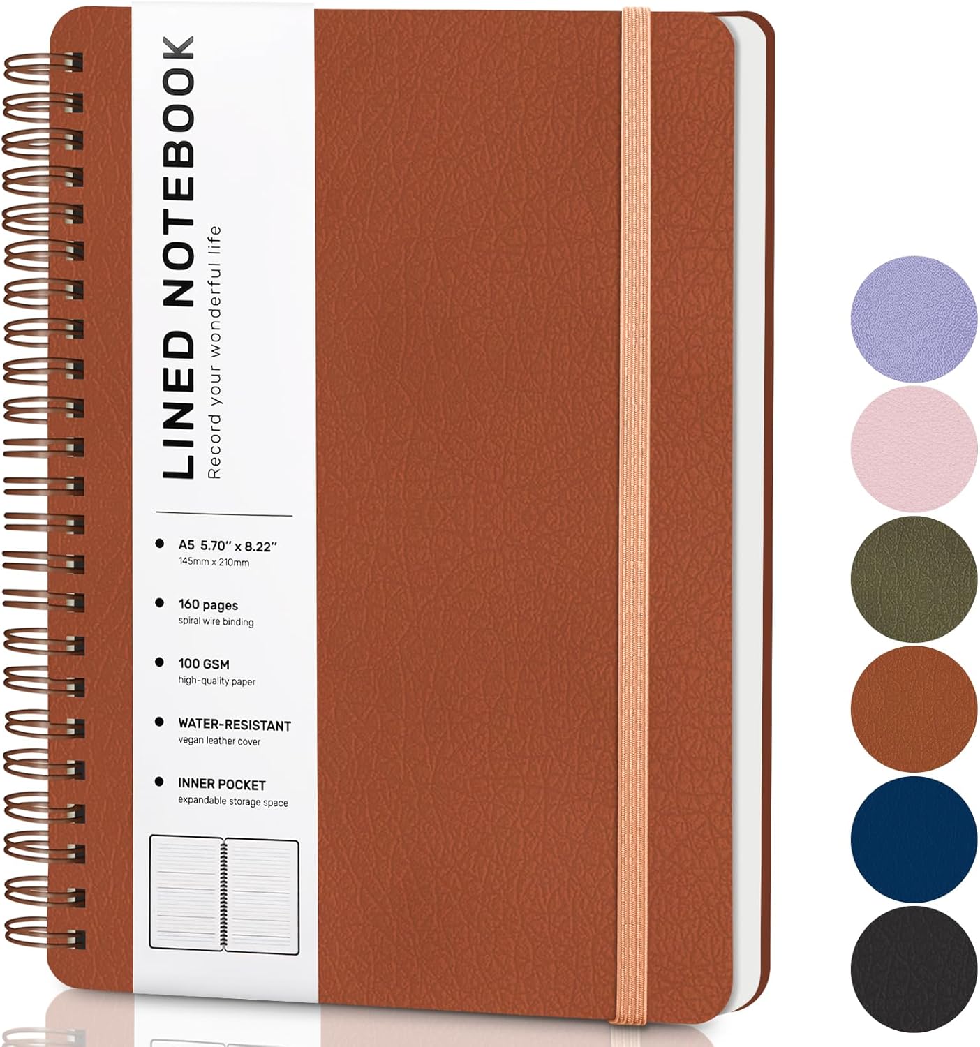 Lined Spiral Journal Notebook, A5 Hardcover Leather Notebook for Work, 5.7''×8.2'', 100GSM Thick Paper Spiral Bound Journaling Notebooks for Women & Men Office School Note Taking Business, Brown