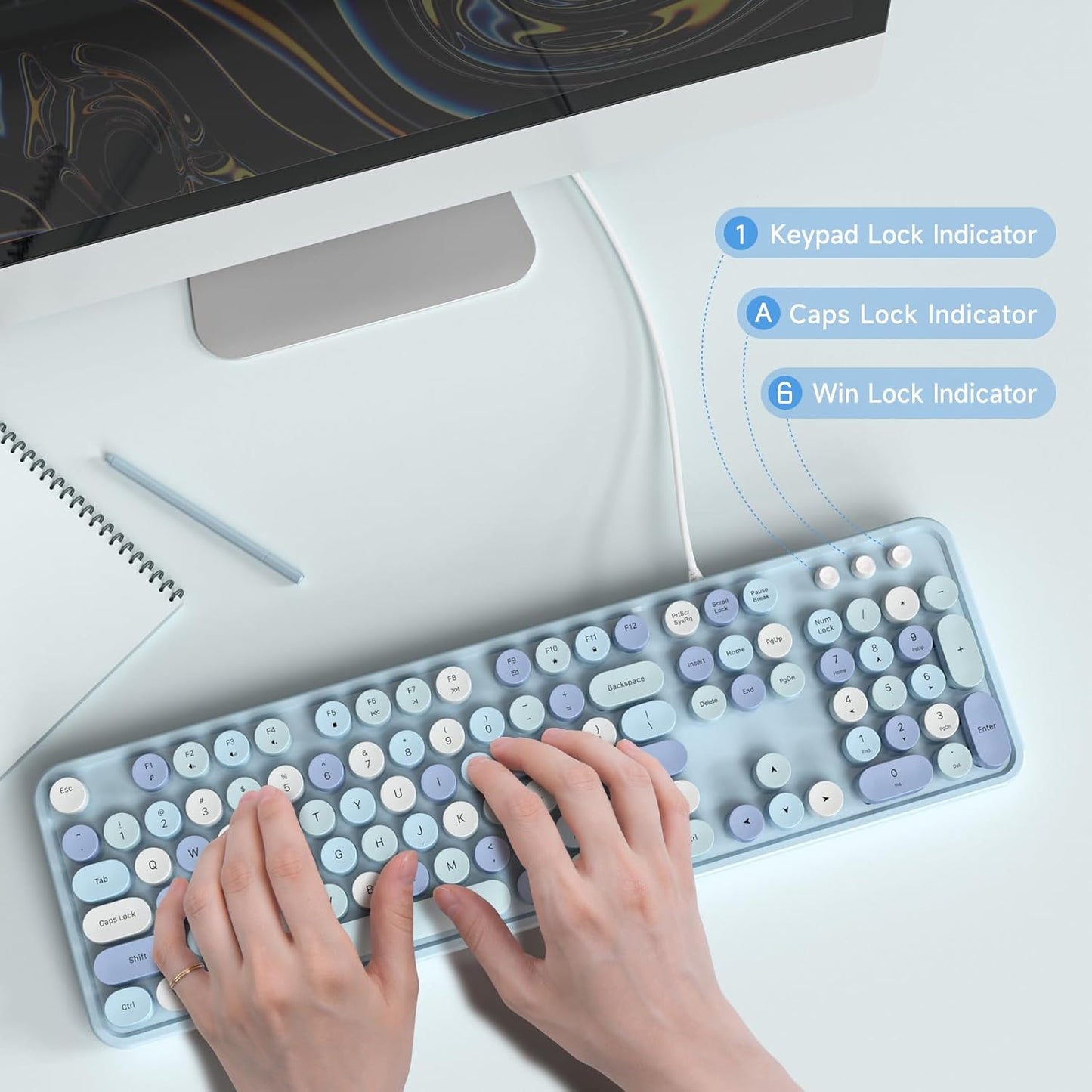 Wired Keyboard, Full-Sized Typewriter Keyboards, USB Plug and Play Office Keyboard with Number Pad, Caps Indicators, Foldable Stands for Windows, PC, Laptop, Desktop (Blue Colorful)
