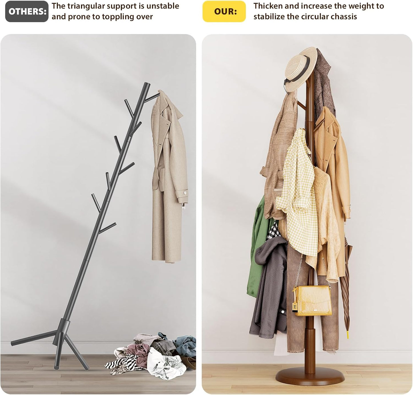 Solid Wood Coat Rack Freestanding Coat Tree with 10 Hooks for Bedroom, Livingroom, Entryway, Sturdy Coat Hanger Stand for Hats, Coats, Scarves, Handbags, Purses