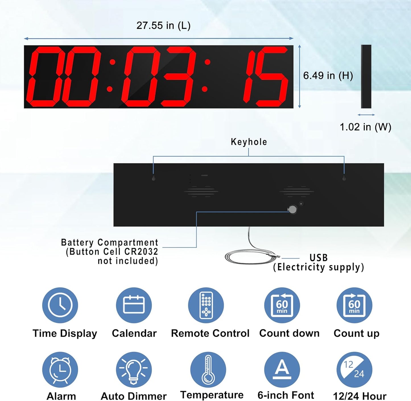 Digital Wall Clock, Oversize Led Digital Clock Large Display with Auto Dimmer, Huge Countdown Timer with Remote Control, 27" Wide Led Display, 6 Digits, Wall Mount, Date and Temperature (Red)