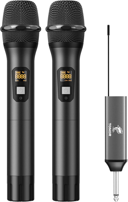 TONOR Wireless Microphone, UHF Dual Cordless Metal Dynamic Mic System with Rechargeable Receiver (Black)