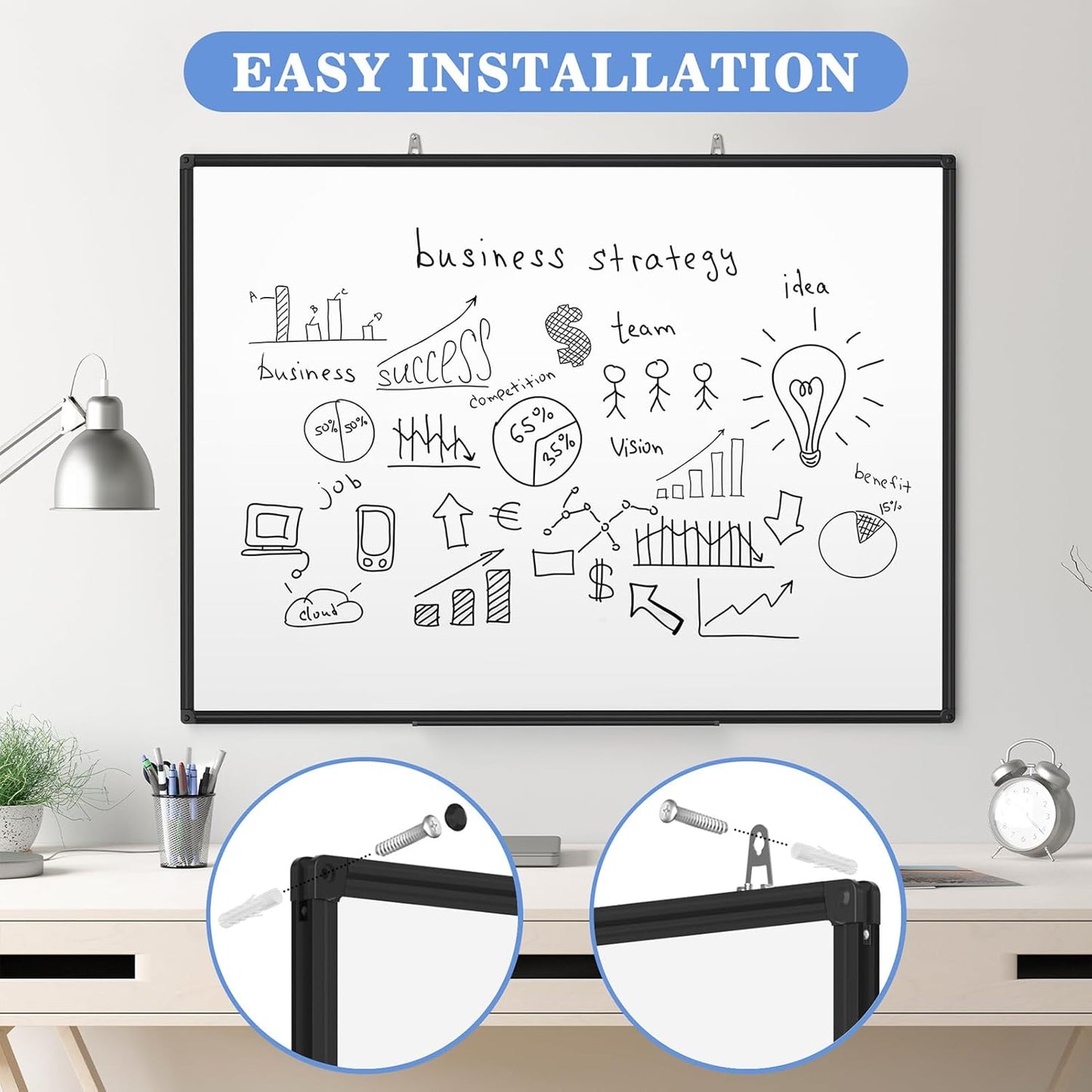 Magnetic Dry Erase Whiteboard 36 x 24 Inch - Small White Board, Black Aluminum Frame Wall-Mounted, Magnetic Eraser, 2 Pen, Detachable Marker Tray, 6 Magnets for Office, School