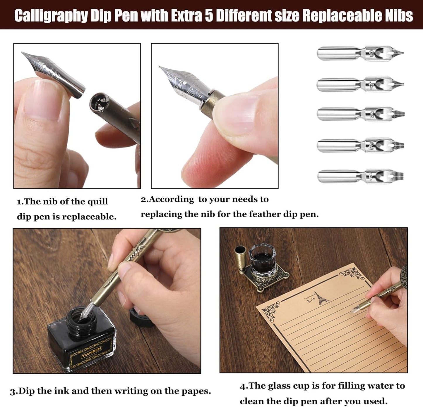 Quill Pen and Ink Set,Feather Dip Pen,Antique Calligraphy Pen with 5 Replaceable Nibs,Wax Seal Stamp kit,Wax Beads & Leather Writing Notebook Christmas gift for Men&Women(Green)