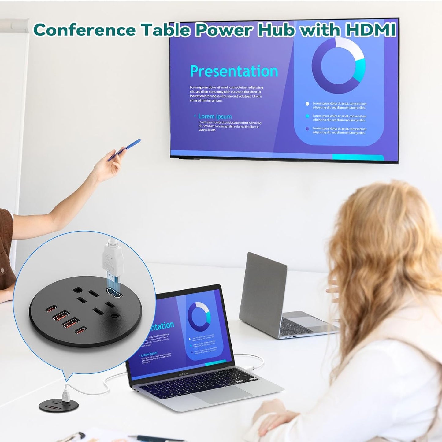 QBA Recessed Power Grommet with 35W USB C, 3-inch Flush Mount Desk Power Outlet, 2 Outlets, 4 USB Ports, 1 HDMI Port, for Furniture Cabinet Home Office, ETL Listed