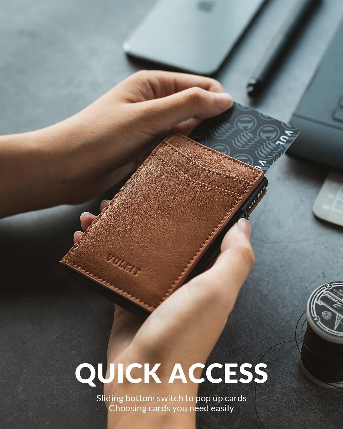 VULKIT Men's Slim Wallet Pop Up Card Holder RFID Blocking Metal Wallet Minimalist Design Holds Up to 11 Cards
