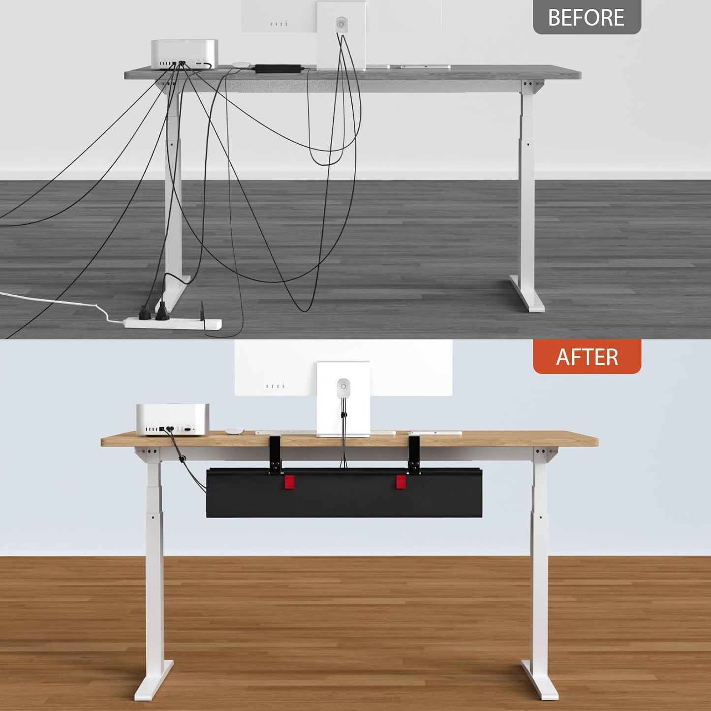 Univivi No Drill Under Desk Cable Management Tray, 28" Cord Organizer for Table, Clamp/Screw Mount Desk Cable Management, Premium Fabric Cable Management Tray for Office, Home
