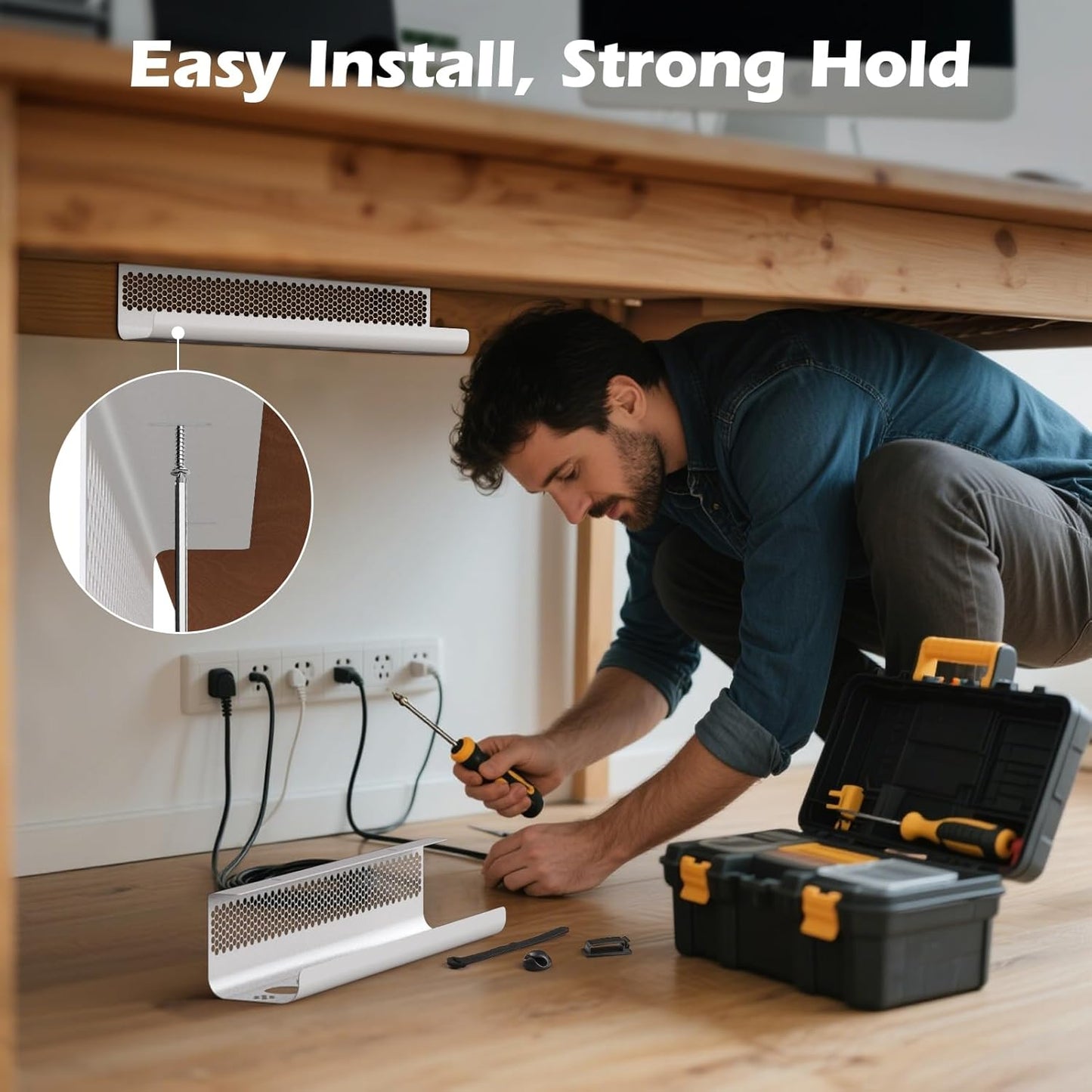 KHAMAL Cable Management Under Desk 26PCS - Cable Management Tray Kit Ventilated Hexagonal Design with Cable Clips, Wire Ties, Cord Holder & Screws for Office, Home - 2 White Sets