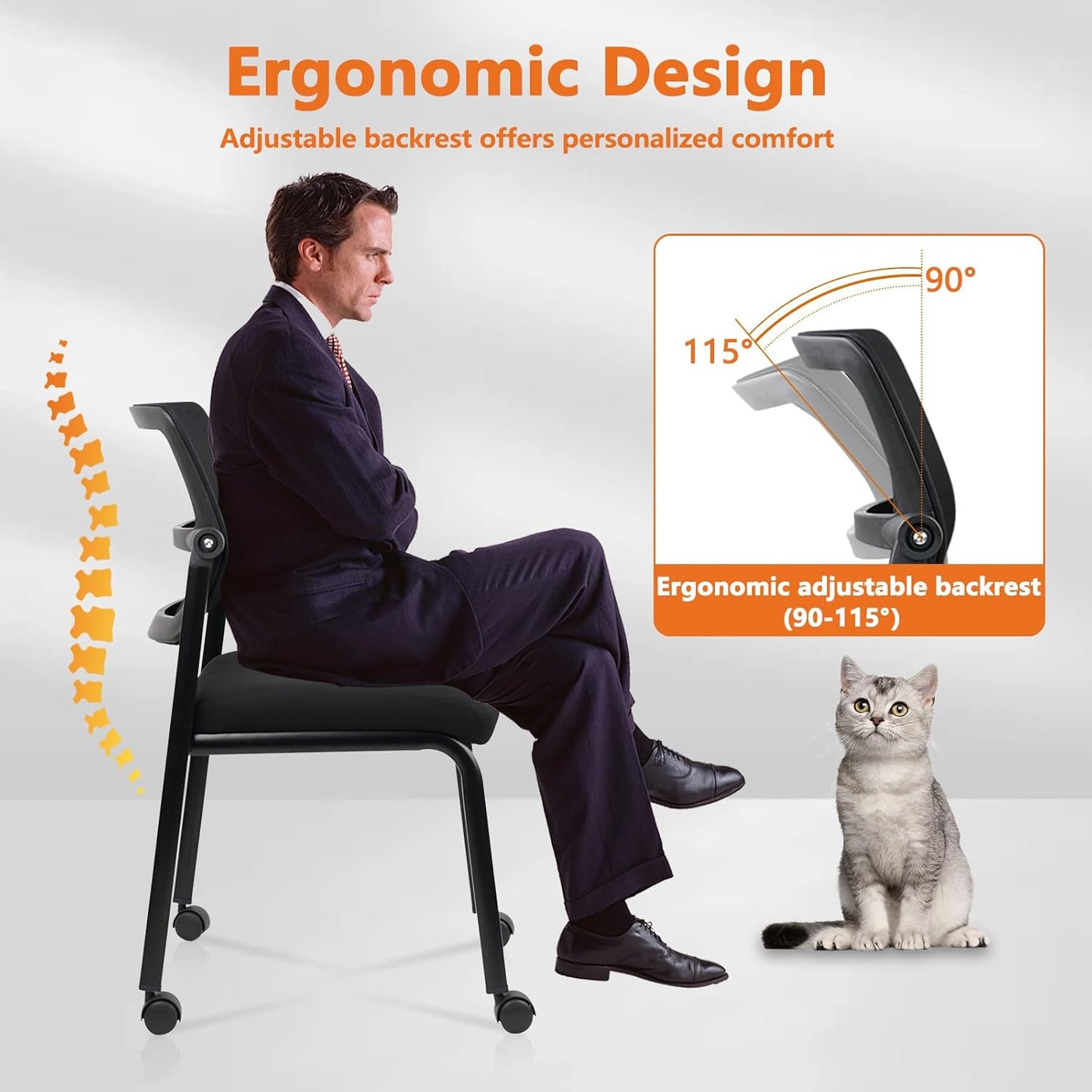 CLATINA Stacking Armless Office Waiting Room Chair with Wheels, Stackable Mesh Guest Reception Desk Chairs with Adjustable Backrest for Conference Lobby Side School, Black, 4 Pack