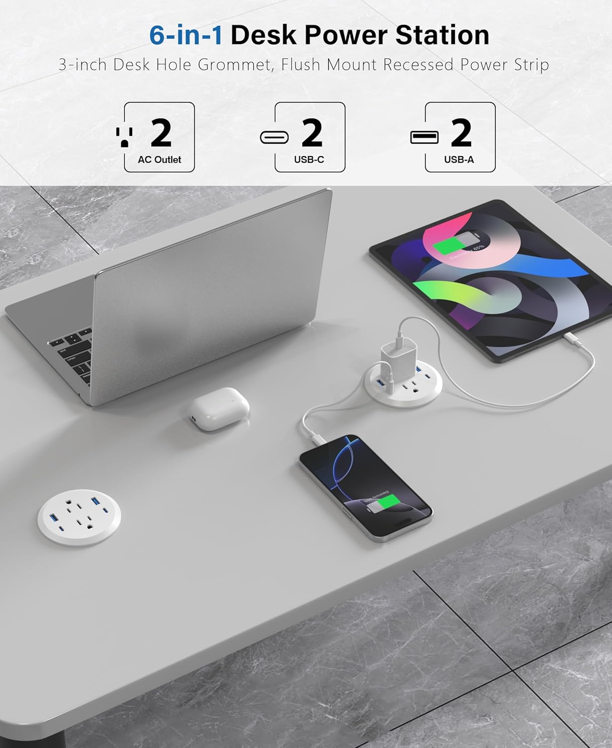 3 inch Desktop Power Grommet with PD 20W USB C,Furniture Recessed Power Strip,2 Outlets,4 USB Ports,40W Total,Flush-Mount for Desktop, Workspace Essential Desk Outlet (White, 6 FT Cable)