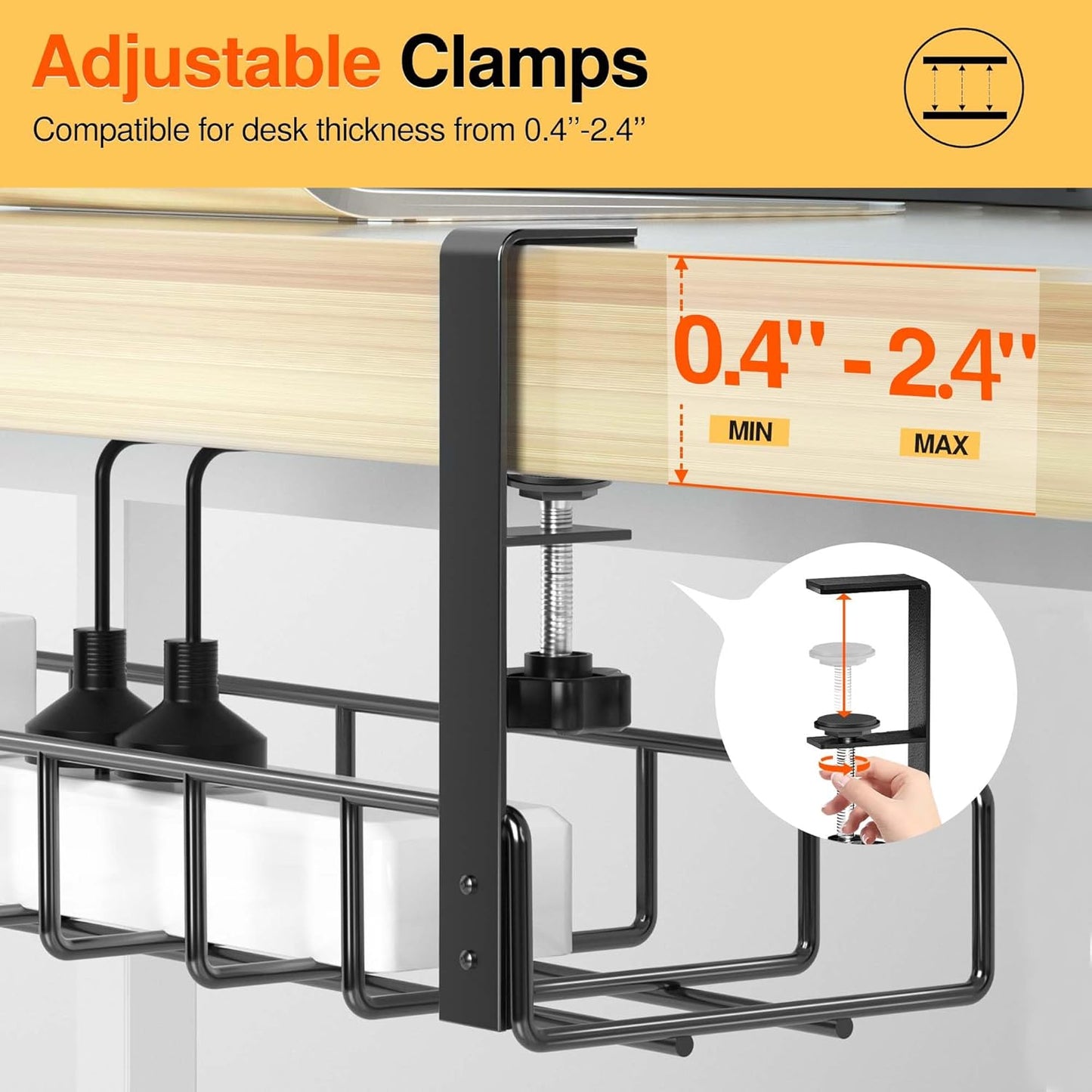2 Pack Cable Management Under Desk Tray, 31.4" No Drill Under Desk Wire Management with Upgraded Clamp, Metal Cord Organizers for Desk with Cable Organizers, PC Cable Management Rack, Black
