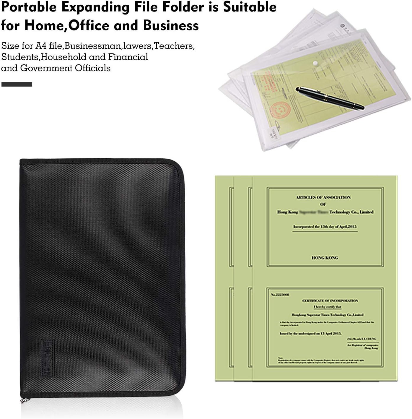 Expanding File Folder Important Document Organizer Fireproof & Waterproof Document Bag with A4 Size 3 Pockets Zipper Closure Non-Itchy Silicone Coated Portable Filing Wallet Pouch(14.3inx9.8inx1.6in)