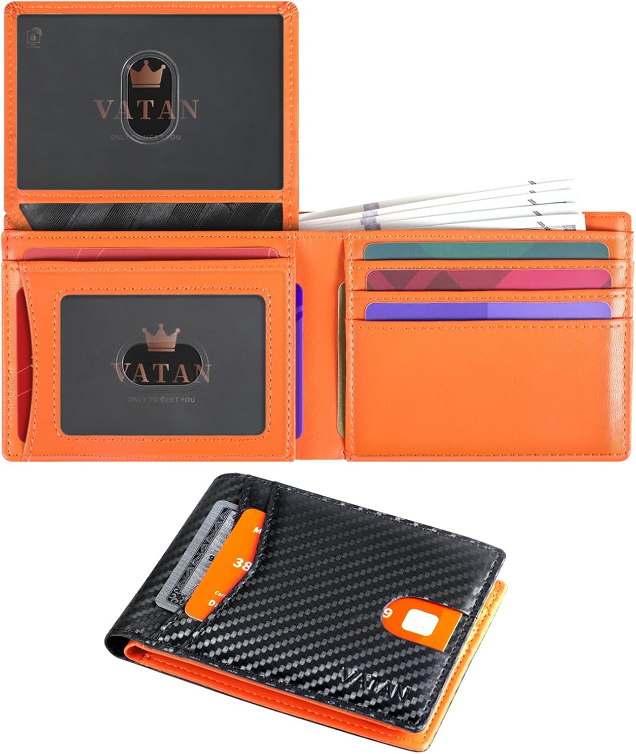 VATAN Wallet for Men, Mens Minimalist Wallet Credit Card Holder, Slim Leather Rfid 2 ID Window Large Capacity With Gift Box (Carbon Black and Orange)