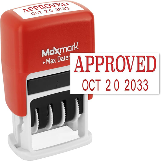 MaxMark Self-Inking Rubber Date Office Stamp with Approved Phrase & Date - RED Ink (Max Dater II), 12-Year Band
