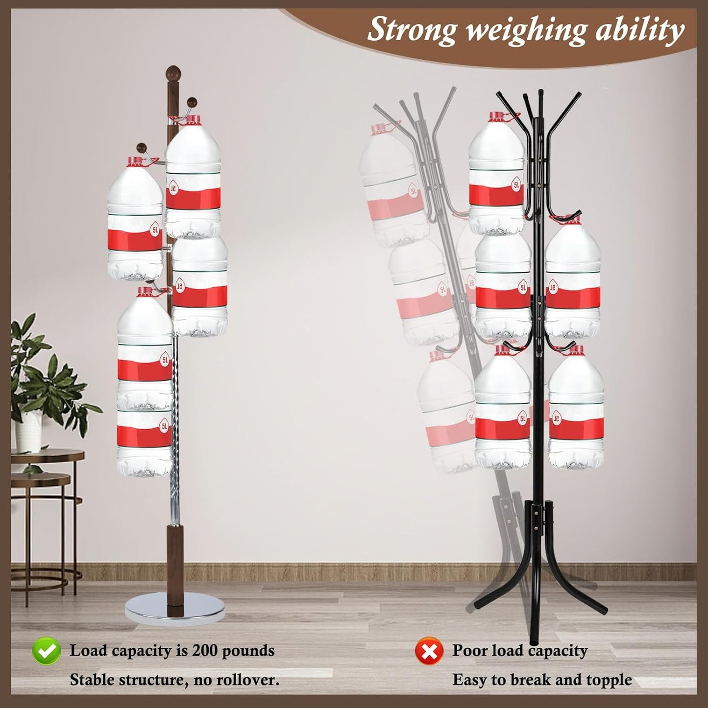 Wooden Coat Rack Freestanding, Vintage Coat Racks with Sturdy Round Base, Adjustable Height 37.40"-72.83" Entrance Coat Rack for Bedroom Living Room Entryway (Walnut Metal Hook)