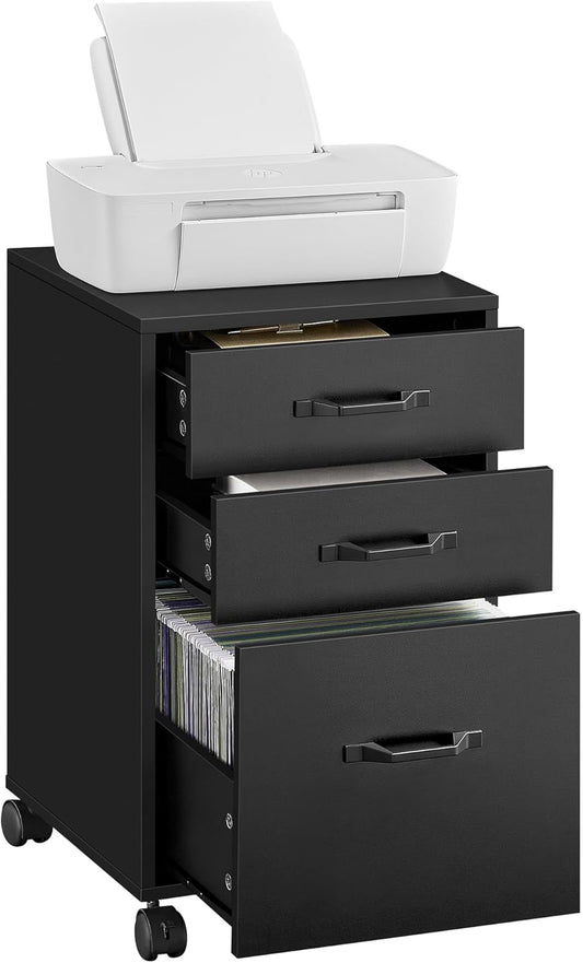 VASAGLE File Cabinet, 3 Drawers Filing Cabinet for Home Office, with Wheels, for A4, Letter Sized Documents, Hanging File Folders, Ink Black UOFC065B16