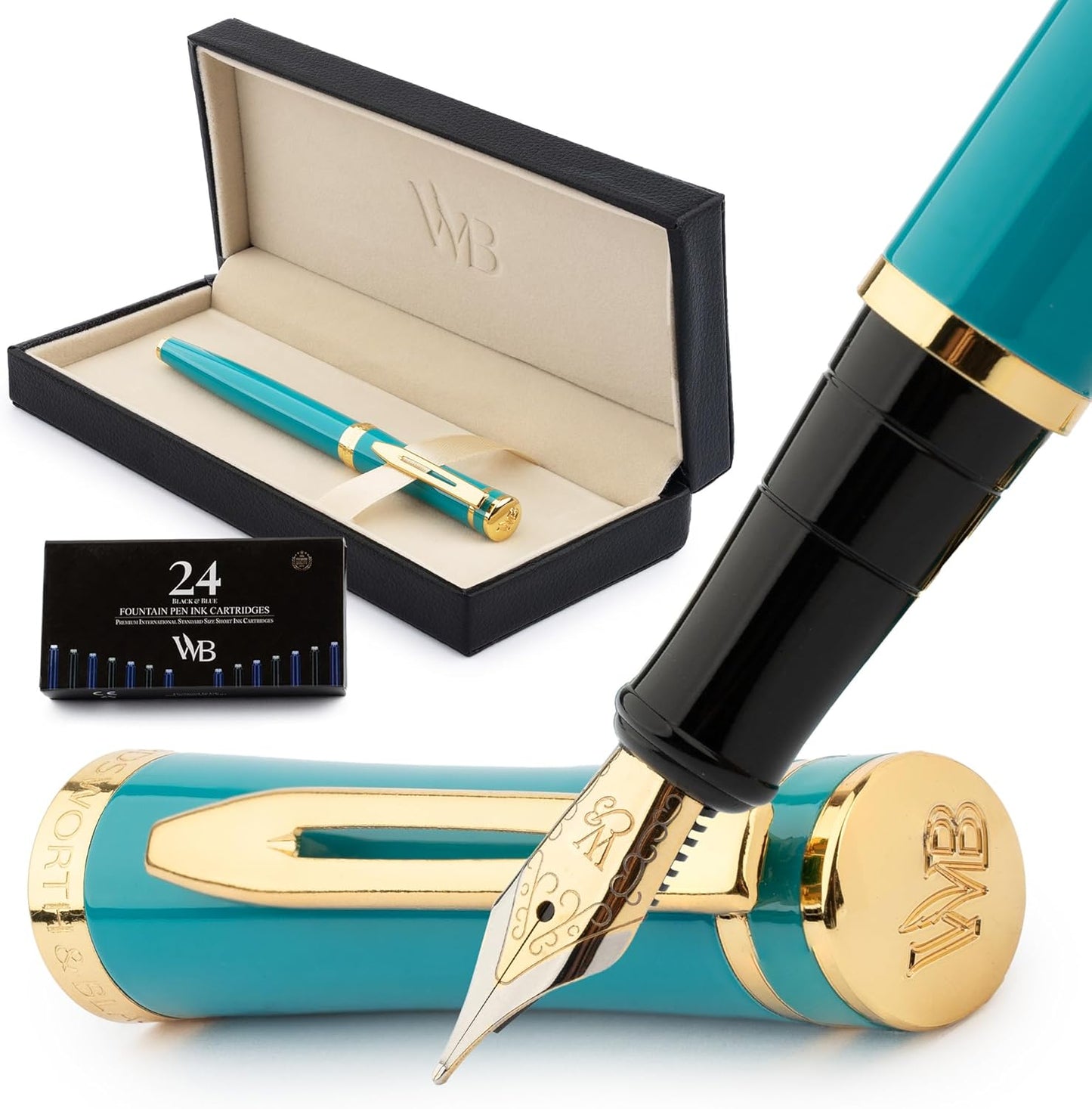 Wordsworth & Black Fountain Pen Set, 18K Gilded Medium Nib, Includes 24 Pack Ink Cartridges, Ink Refill Converter & Gift Box, Gold Finish, Calligraphy, [Turquoise Gold], Perfect for Men & Women