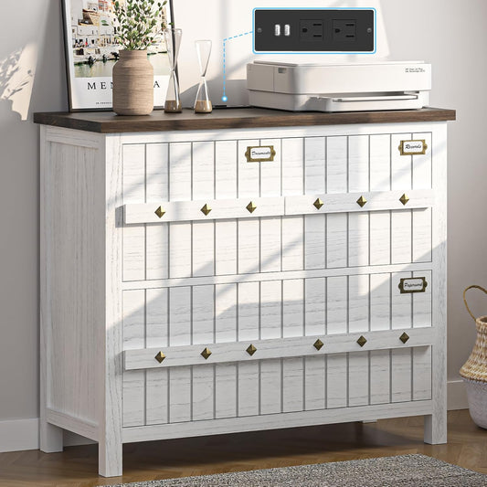 TVU Farmhouse 3 Drawer File Cabinet with Charging Station, Solid Lateral Filing Cabinet for Home Office, Office Organizer for Legal/Letter/A4/Folders File - Beside Desk Printer Stand
