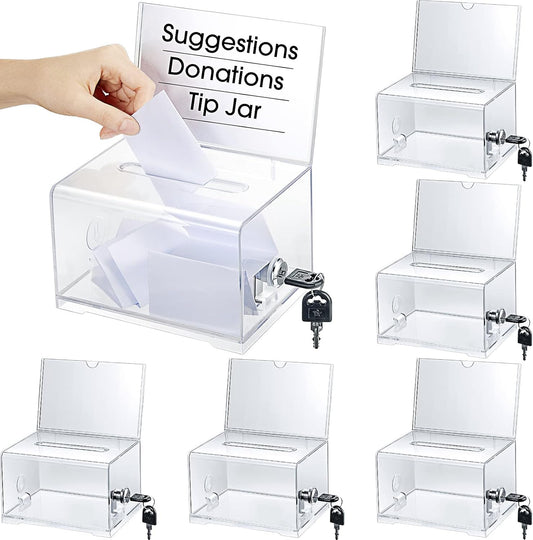 Chunful 6 Pcs Acrylic Donation Box with Lock and Sign Holder Clear Ballot Donation Boxes with Slot for Fundraising Suggestion Box Storage Container for Voting, Raffle Bowl, Tip Jar