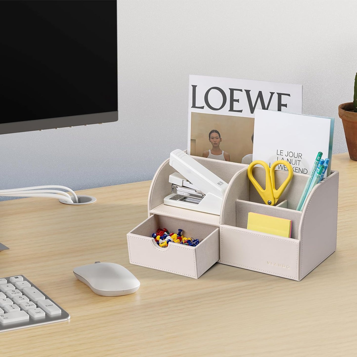 Vlando Office Supplies Desk Organizer Caddy, PU Leather Office Organization and Storage,Desktop Hanging File Letter Document Storage Holder with Drawer Beige