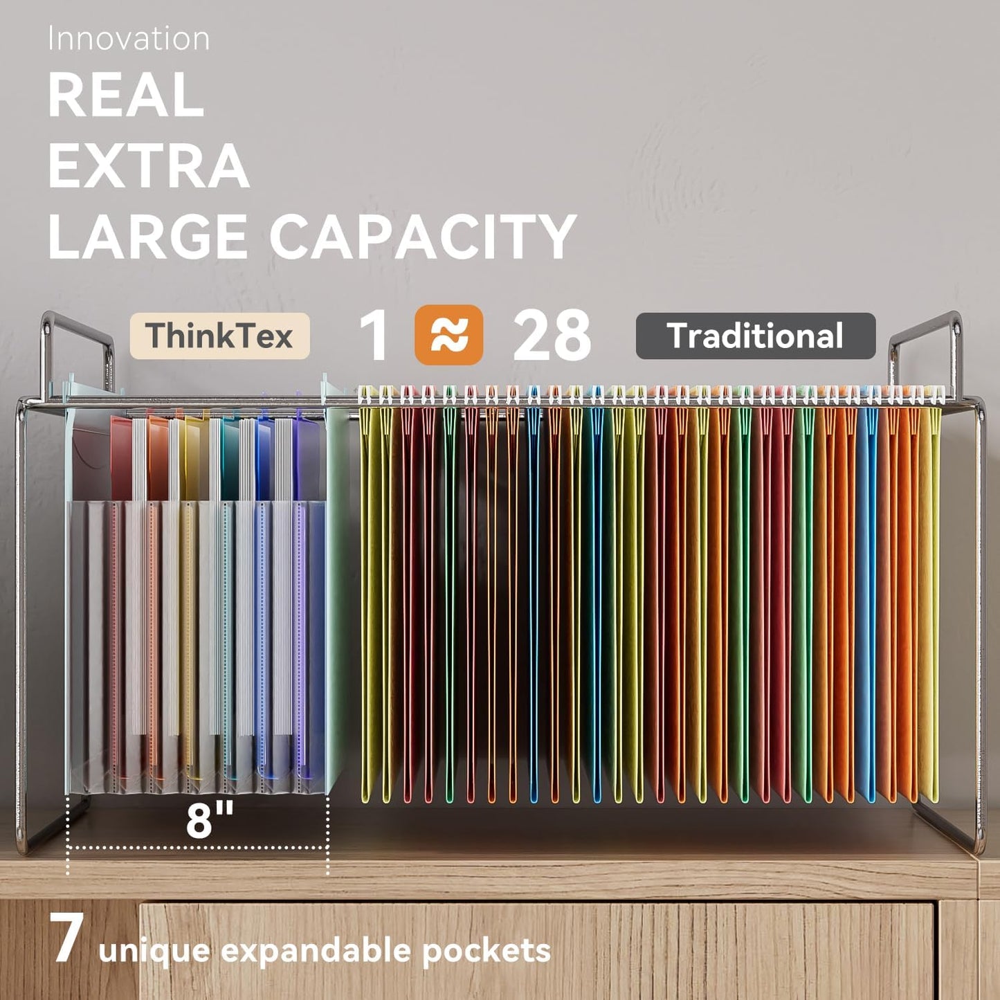 ThinkTex Plastic Expanding Hanging File Folders, 7 Innovative 1.2" Accordion Pockets, Large Capacity, Multi-Color Tabs, Letter Size for Filing Cabinet - Blue