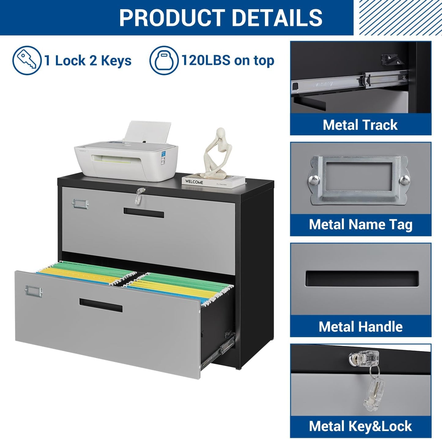 2 Drawer Lateral File Cabinet with Lock, Metal Steel Filling Cabinets for Home Office, Lockable Storage Cabinet for Hanging Files Letter/Legal/F4/A4 Size-Assembly Required