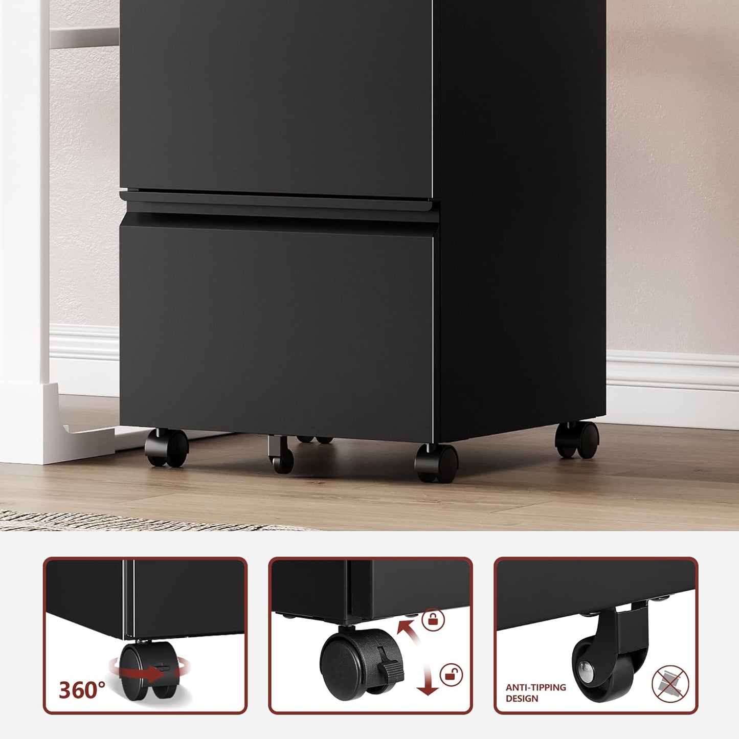 2 Drawer File Cabinet，Mobile Filing Cabinet with Lock and Wheels，Fully Assembled Metal Under Desk File Cabinets for A4/Letter/Legal Size（Black