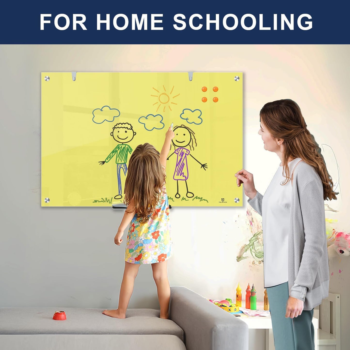 TSJ OFFICE Glass Dry-Erase Board - 36 x 24 Inches Wall Mounted Magnetic Whiteboard, Large Frameless Glass White Board for Office, Home & School, Yellow