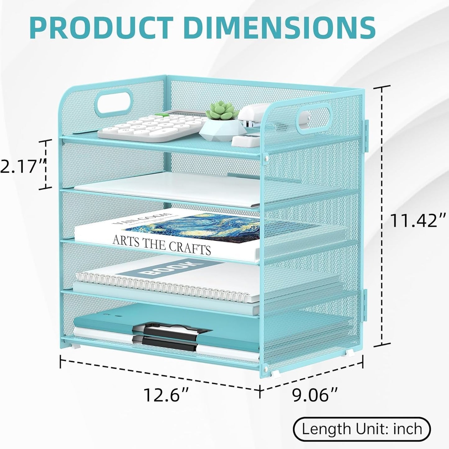 Supeasy 5 Trays Paper Organizer Letter Tray with Handle-Mesh Desk File Organizer, Paper Sorter Desk Organizer for Office, Home or School (Light Blue)