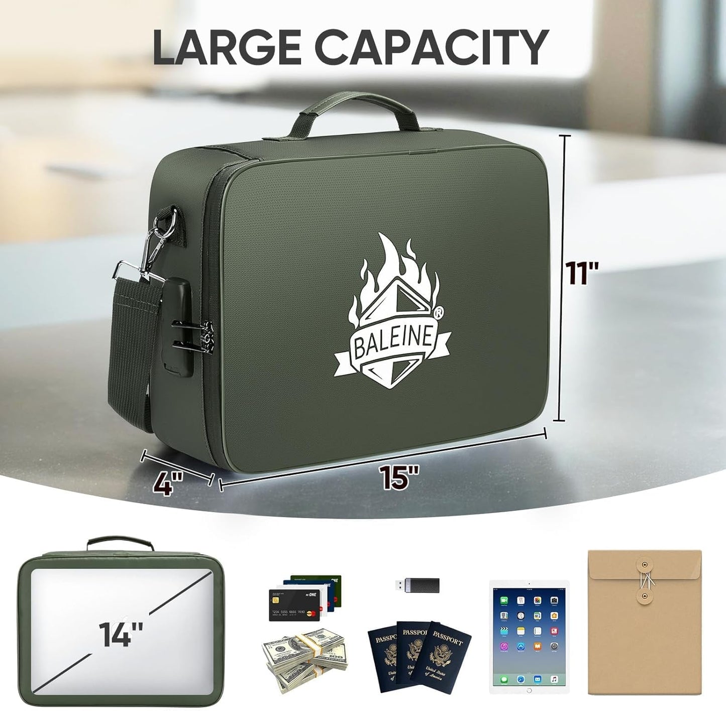 BALEINE Fireproof Document Box with Lock, Portable Fireproof Document Bag Waterproof Fire Proof File Boxes for Documents, File Organizer Box for Important Paperwork (Green, 15''x11''x4'')