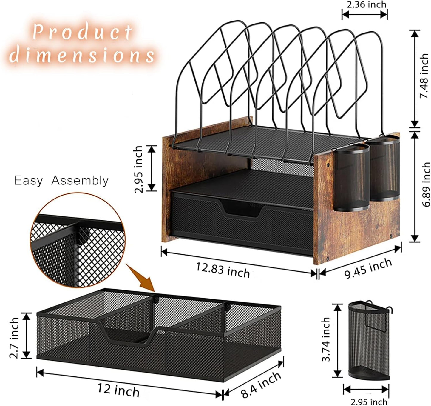Wood Desk Organizer - 2-Tier Desktop File Organizer with Drawer with Vertical File Holder, Wooden Paper Tray, Office Desk Organzier and Accessories for Papers, Mail, Notebooks, Stationery
