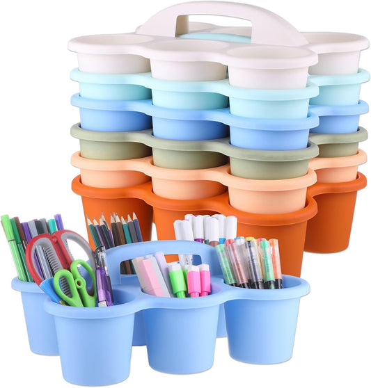 6 Pack Classroom Caddy Organizer with Handle Morandi Plastic Table Caddy Drink Cup Caddies Holder 12×9×3.5 Inches Storage School Supplies 6 Compartments for Table Crayon Pencil Cup Marker Craft