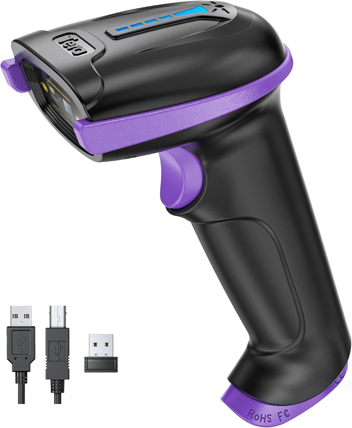 Tera Barcode Scanner Wireless Versatile 2-in-1 (2.4Ghz Wireless+USB 2.0 Wired) with Battery Level Indicator, 328 Feet Transmission Distance Rechargeable 1D Laser Bar Code Reader Handheld 5100 Purple