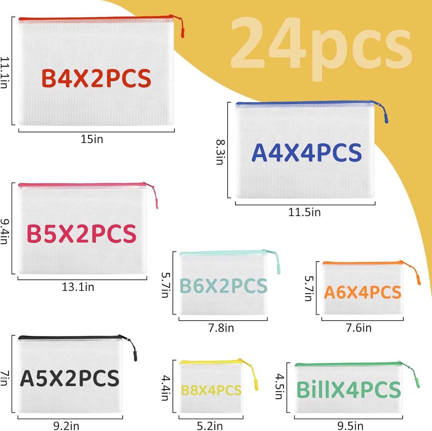 24PCS Mesh Zipper Pouch Storage Bags, 8 Sizes Board Game Bags, 12 Colors Reusable Pouches for Organizing, Organizer for Travel